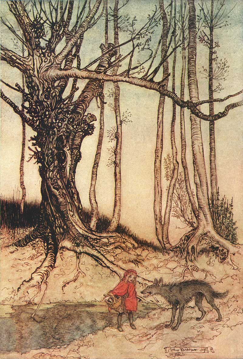 A gothic illustration of Little Red Riding Hood