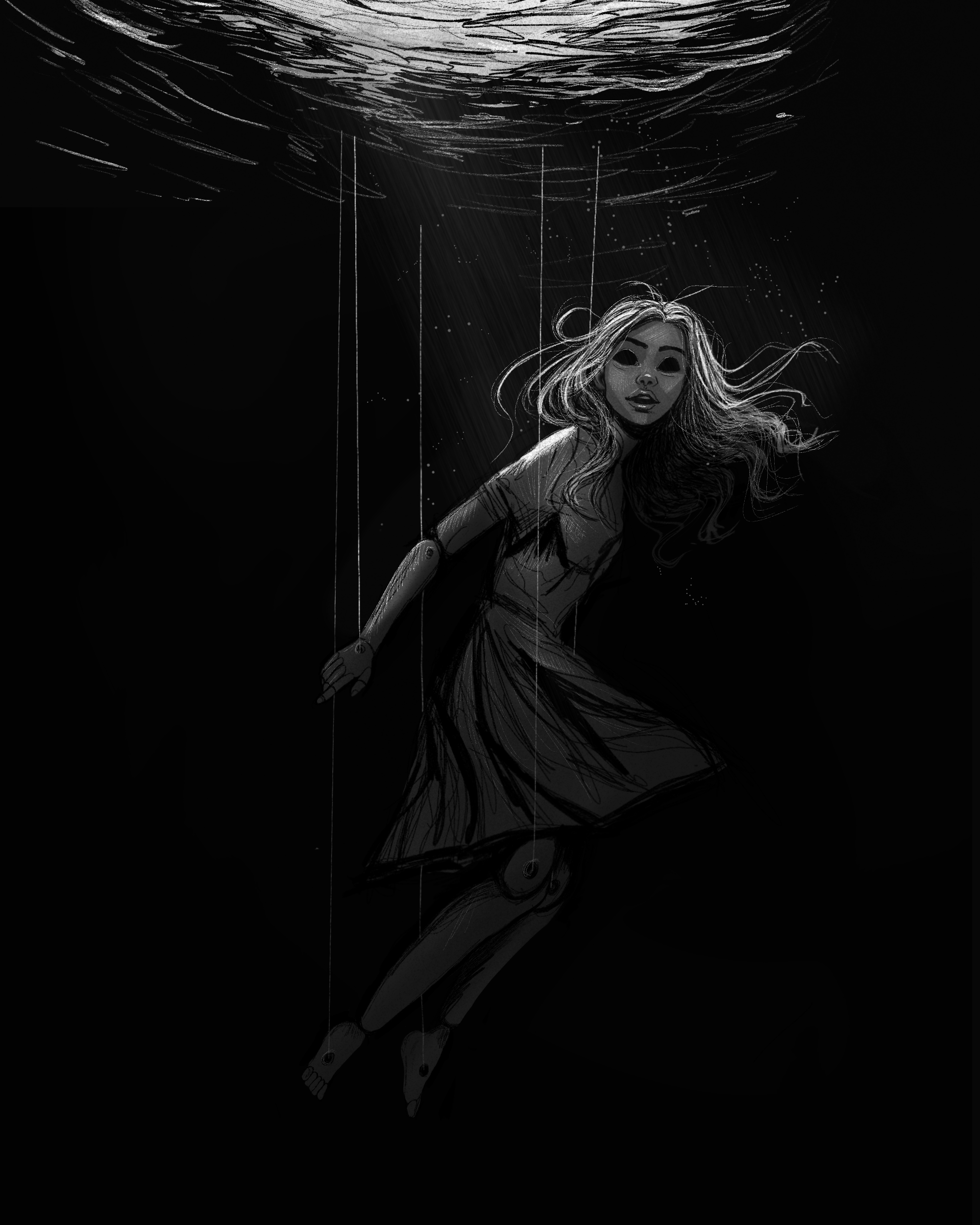 An illustration of a girl floating in the water like a marionette